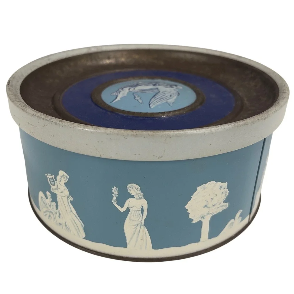 Guildcraft New York Blue Jasperware Style Tin‎ Container Trinket Box Vintage